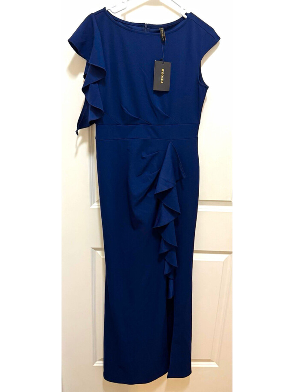 WOOSEA Women’s L Navy Blue Ruffle Mermaid Maxi Evening Cocktail Dress NWT